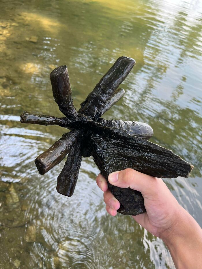Hand holding cool sticks arranged like a starburst over shallow water with ripples and reflections.