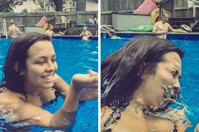 Woman in pool experiencing funny regret moment as a small frog jumps from her hand onto her face in a backyard setting.