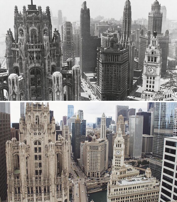 Then-and-now photos showing the transformation of a city skyline with historic and modern skyscrapers over time.