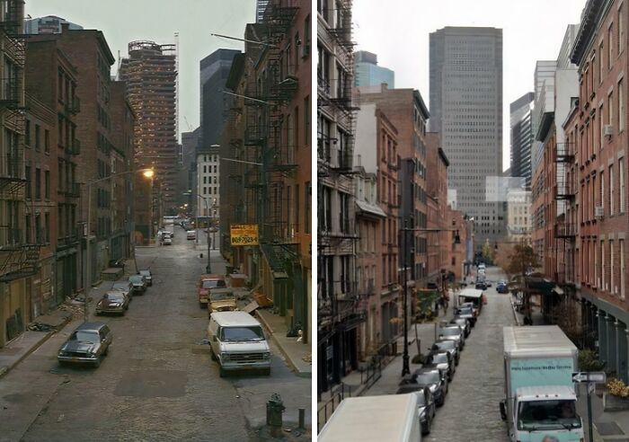 Side-by-side then and now photos of a city street showing how time transforms everything with urban changes and development.