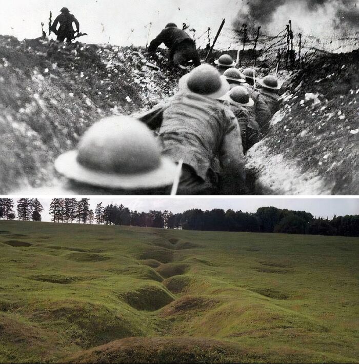 Then-and-now photos showing World War I soldiers in trenches and the same location transformed into a peaceful grassy field.