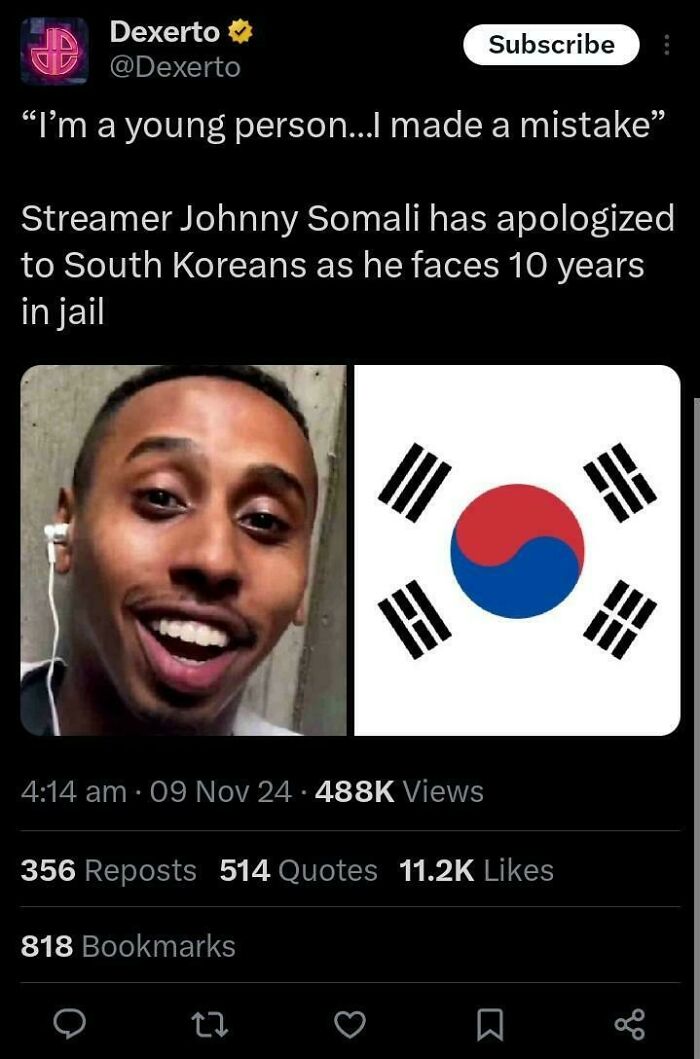Screenshot of a social media post about a streamer facing jail time, illustrating funny regret moments and bad decisions.