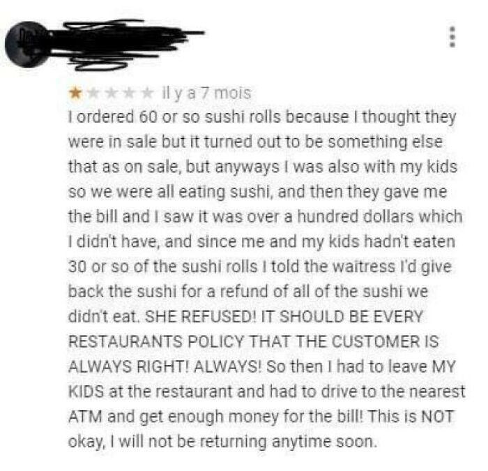 Negative review of sushi order and refund refusal, illustrating a funny regret moment about bad decisions with kids at a restaurant.