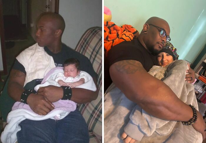 Side-by-side then-and-now photos showing a man holding a baby and later hugging the grown child, capturing time transformation.