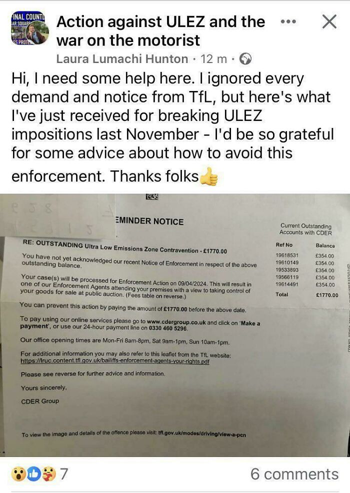 Facebook post requesting advice after receiving a £1770 fine for breaking Ultra Low Emissions Zone rules, showing regret moments.