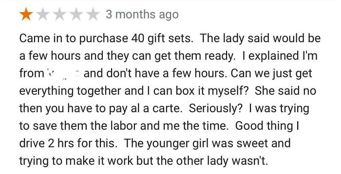 Screenshot of a one-star online review describing a frustrating customer service experience, highlighting funny regret moments.