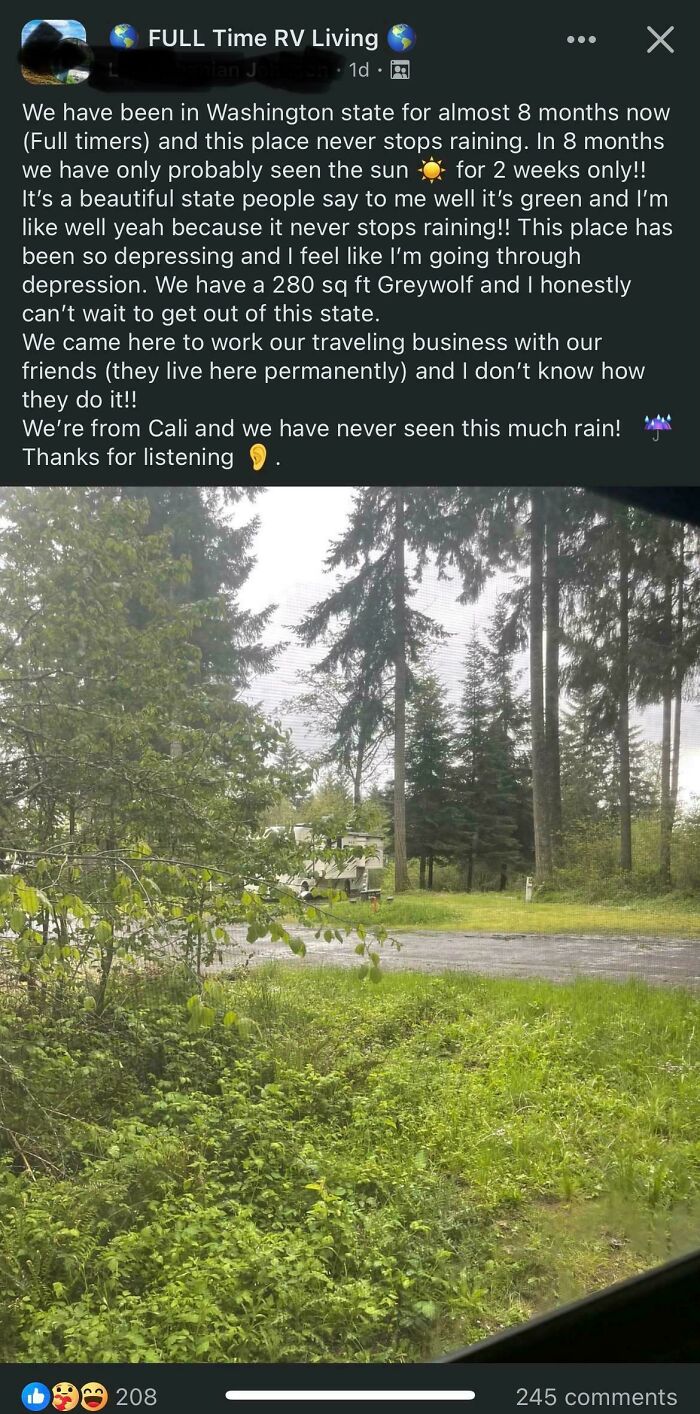 Social media post showing funny regret moments about constant rain and bad decisions living in Washington state.