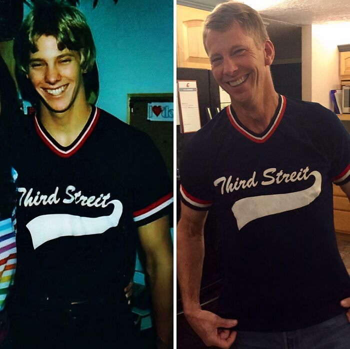 Side-by-side then and now photos of a man wearing the same Third Street shirt showing how time transforms everything.