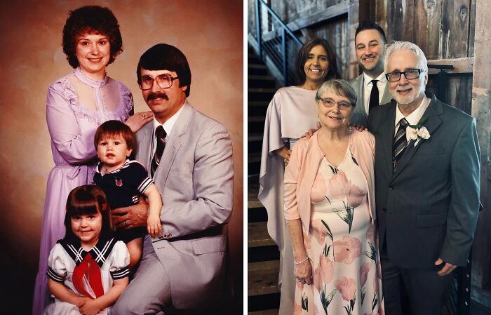 Then-and-now photo showing a family transforming over time, capturing the effects of time on relationships and appearance.