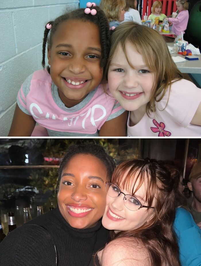 Then-and-now photo of two friends smiling together, showing how time transforms relationships and appearances.