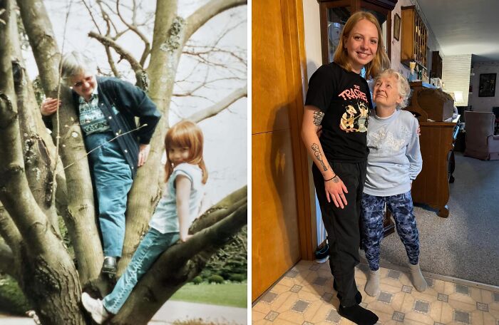 Side-by-side then and now photos of two family members showing the passage of time and transformation in their lives.
