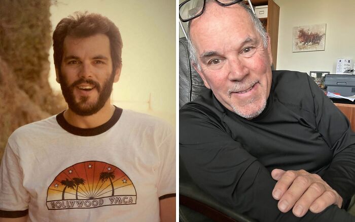 Side-by-side then-and-now photos of a man showing how time transforms everything through aging and style changes.