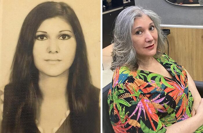 Side-by-side then-and-now photos of a woman, illustrating how time transforms appearance and style.