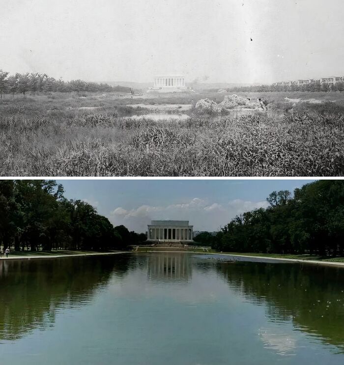 Then-and-now photos showing the transformation of the Lincoln Memorial and Reflecting Pool over time.
