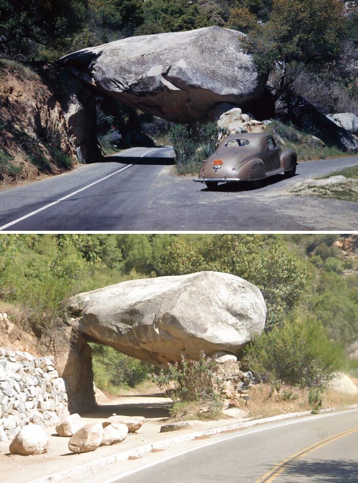 Then-and-now photos showing a natural rock formation over a road with changes in surroundings and road condition.