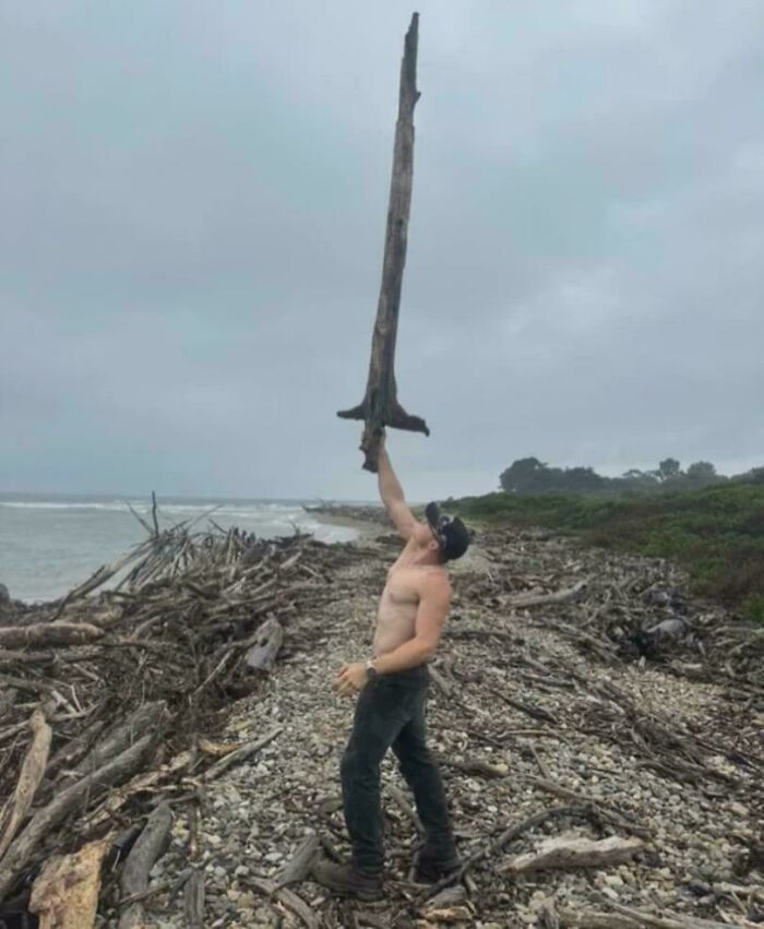 Shirtless person holding a cool stick upright on a rocky beach covered with driftwood under a cloudy sky.