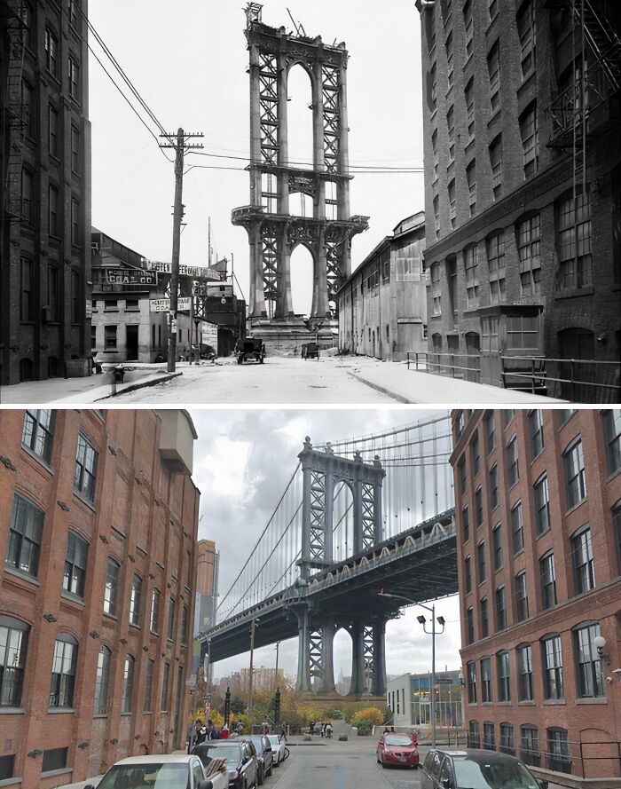 Then-and-now photos of the Manhattan Bridge showing its construction and modern-day view between brick buildings.