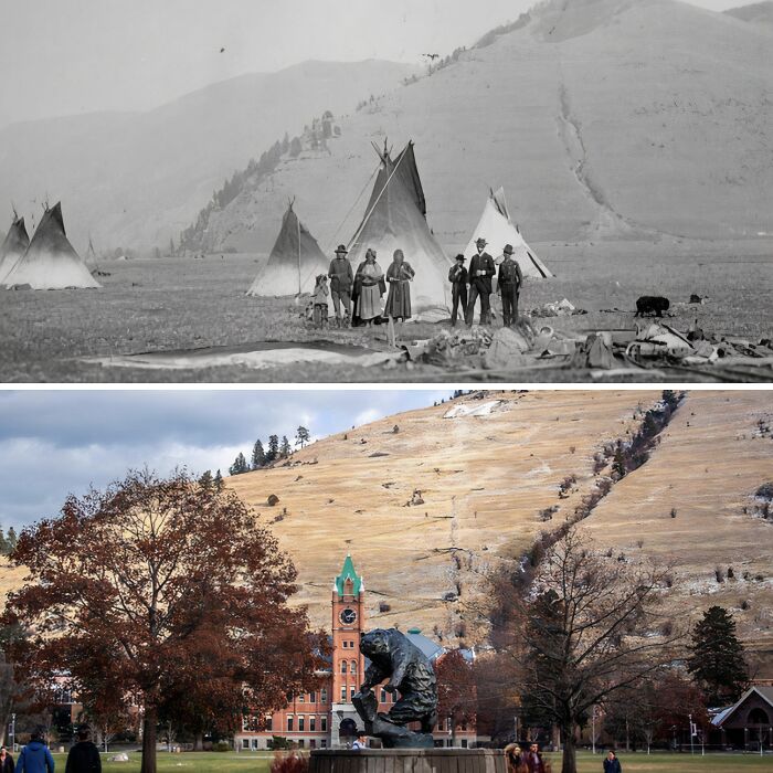 Then-and-now photos showing transformation of a mountainous landscape from a Native American camp to a modern town square.