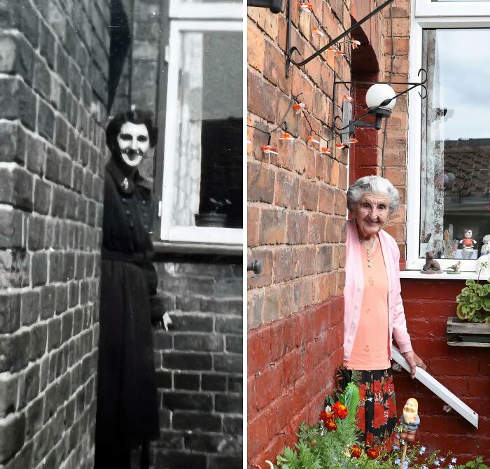 Side-by-side then and now photos of a woman standing outside a brick-walled home showing time transformation.