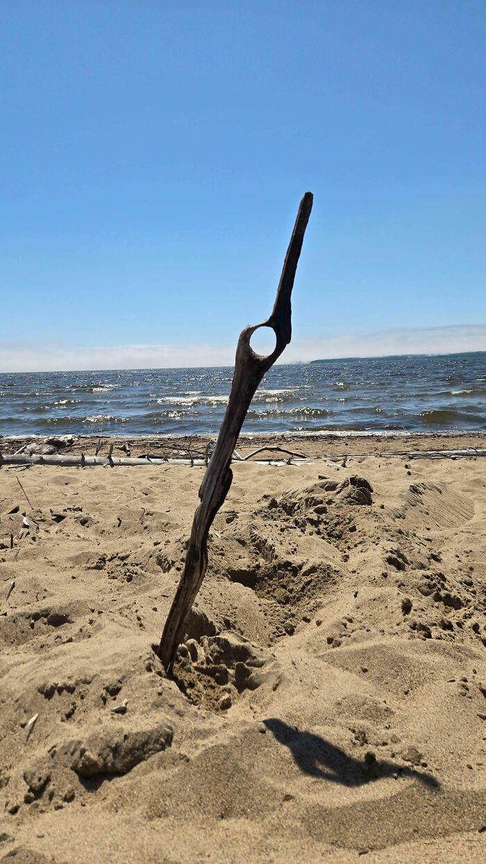 A cool stick standing upright in the sand with a hole near the top by the ocean shore on a sunny day.