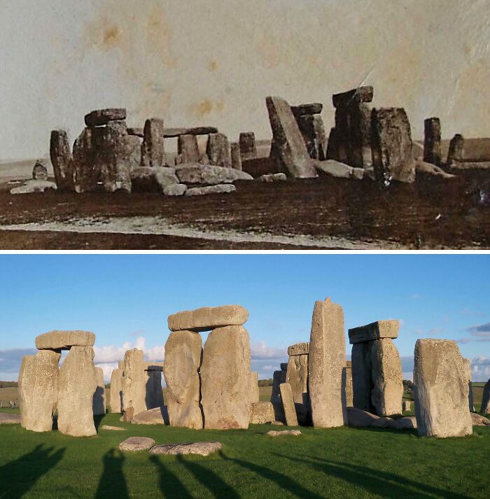 Stonehenge then-and-now photos showing how time transforms ancient stone structures over centuries.