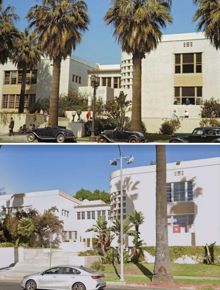 Then-and-now photos showing how time transforms a building and its surroundings with changes in cars and landscaping.