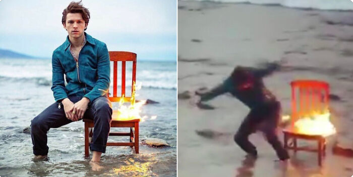 Young man sitting beside a burning chair at the beach, capturing a funny regret moment after a bad decision.