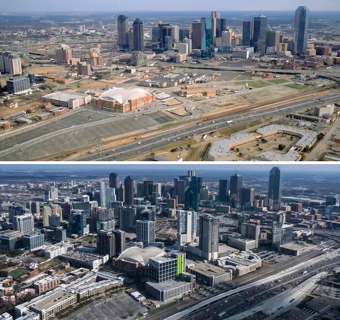 Aerial then-and-now photos showing urban development and transformation of a city skyline over time.