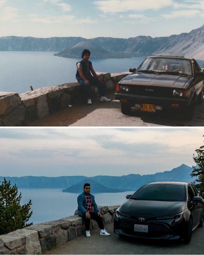 Then-and-now photos showing a person and Toyota car by a scenic lakeside, illustrating how time transforms everything.