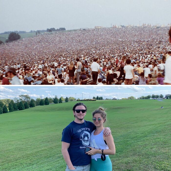 Then-and-now photos showing a massive crowd transformed into a peaceful green field with two people posing together.