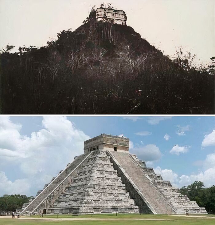 Then-and-now photos of an ancient pyramid showing how time transforms the structure and surrounding environment.