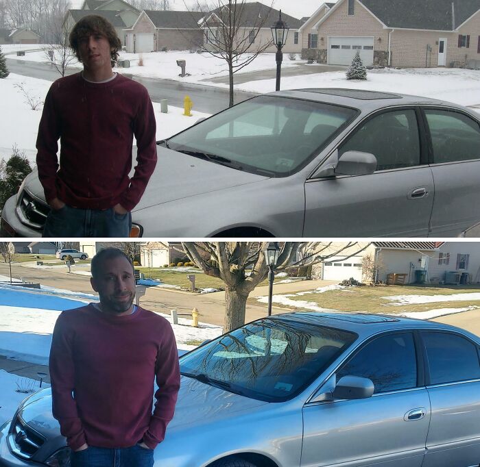 Side-by-side then-and-now photo showing a man by a silver car in the same neighborhood, illustrating how time transforms everything.