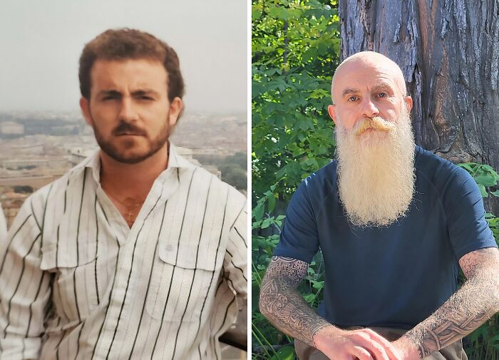 Split image showing a man then and now, illustrating time transforming appearance with a beard and tattoos in nature.