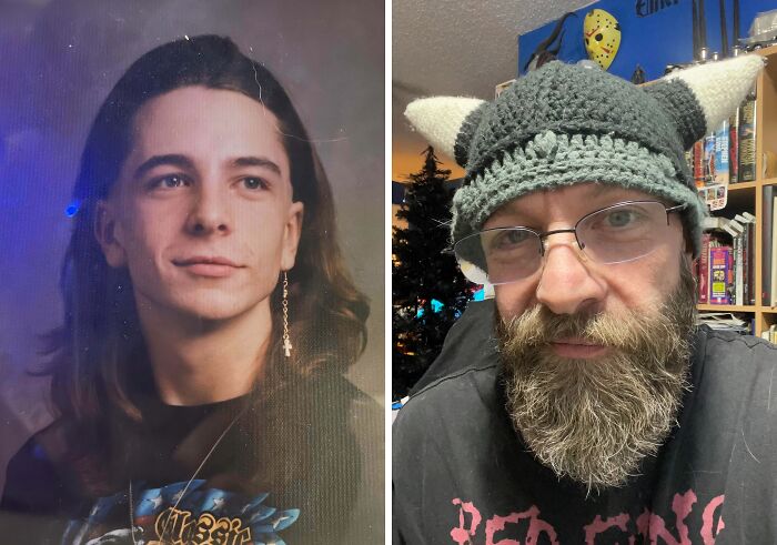 Side-by-side then-and-now photos of a man showing how time transforms appearance and style over the years.