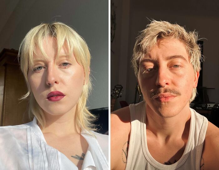 Side-by-side then and now photos of a person showing how time transforms appearance and style changes.