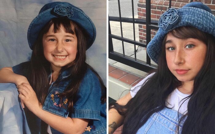 Side-by-side then-and-now photos of a girl wearing a blue hat, showing how time transforms everything.