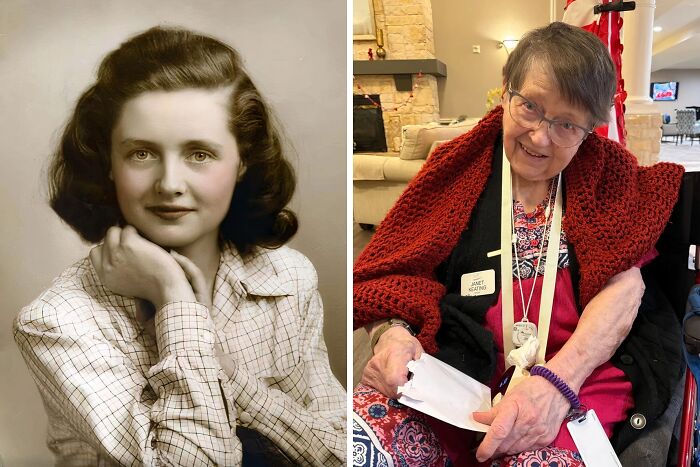 Side-by-side then-and-now photos of a woman showing how time transforms everything through aging and life changes.