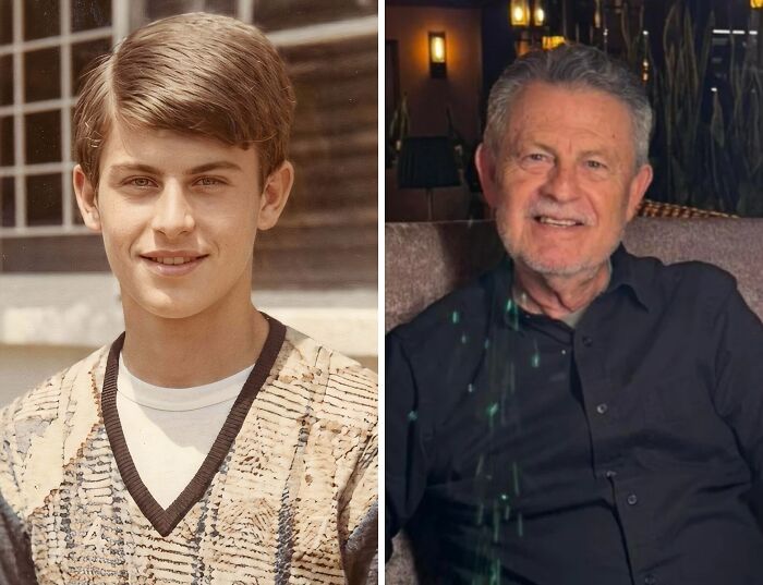 Side-by-side then and now photos of a young man and an older man showing how time transforms everything.