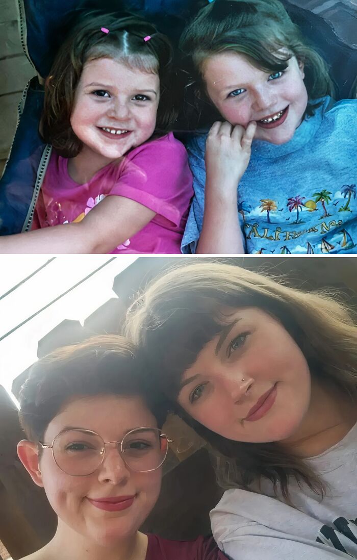 Then-and-now photos of two girls smiling, showcasing how time transforms everything through their growth and changes.