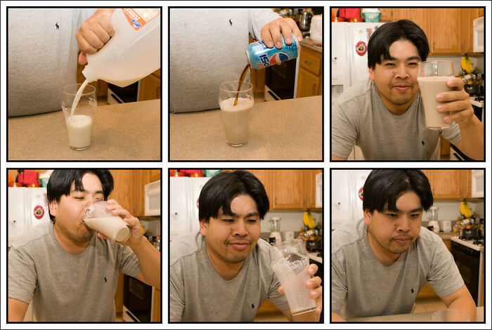 Man experiencing funny regret moments as he drinks a strange milk and soda mix in his kitchen, showing disappointment and confusion.