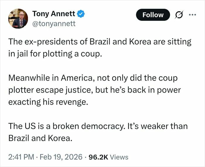Brutally honest social media post about politics highlighting the broken democracy in the US versus Brazil and Korea.