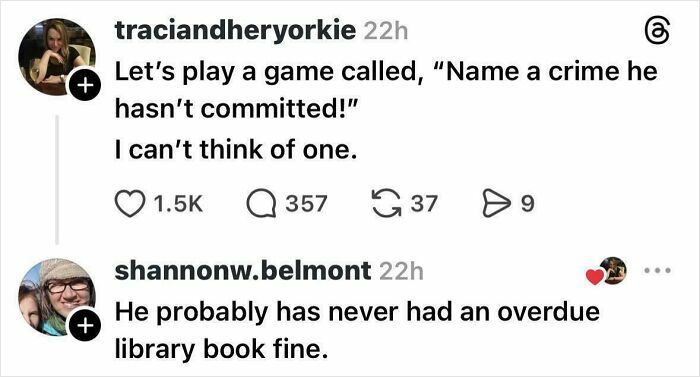 Screenshot of a brutally honest social media post about politics discussing crimes and overdue library fines.