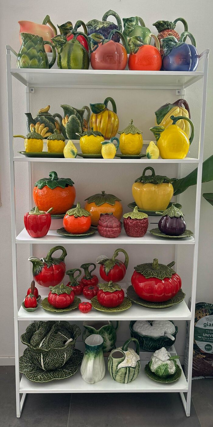 Colorful ceramic fruit and vegetable collection displayed on white shelves, showcasing obsession turned into a unique collection.