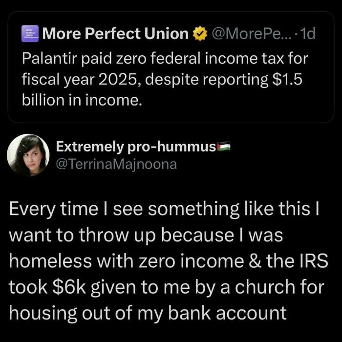 Screenshot of a social media post discussing politics and federal income tax issues with a personal reaction.