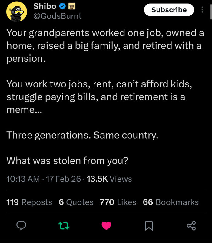 Social media post highlighting generational struggles and political issues in modern society.