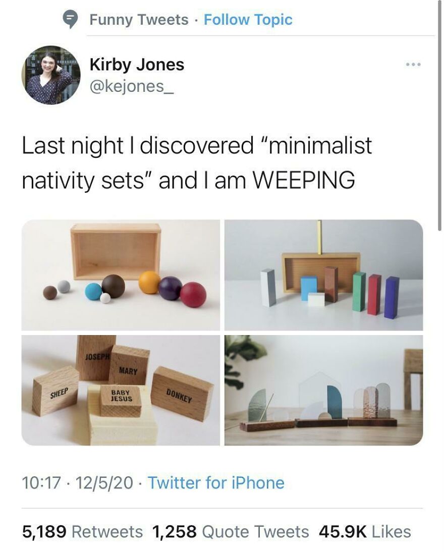 Tweet showing minimalist nativity sets with simple wooden shapes, highlighting designers who went too far in impractical design.