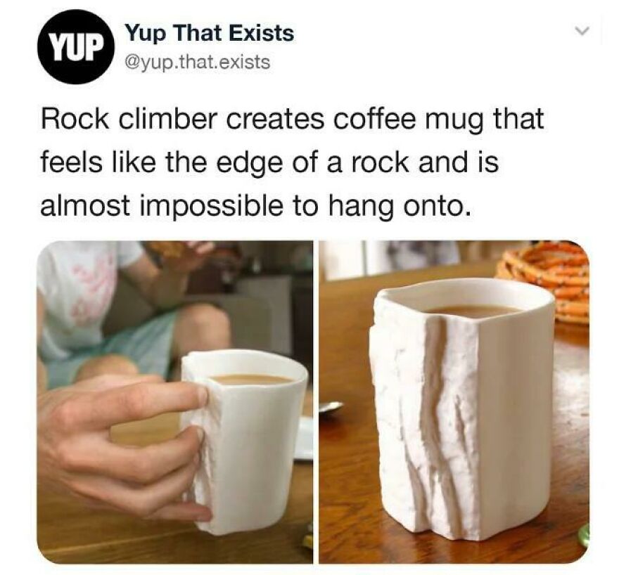 Coffee mug designed to feel like a rock edge, reflecting designers going too far and creating impossible-to-use items.