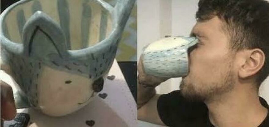 Man drinking from a cup shaped like a face mask, showcasing a designer fail making things impossible to use.