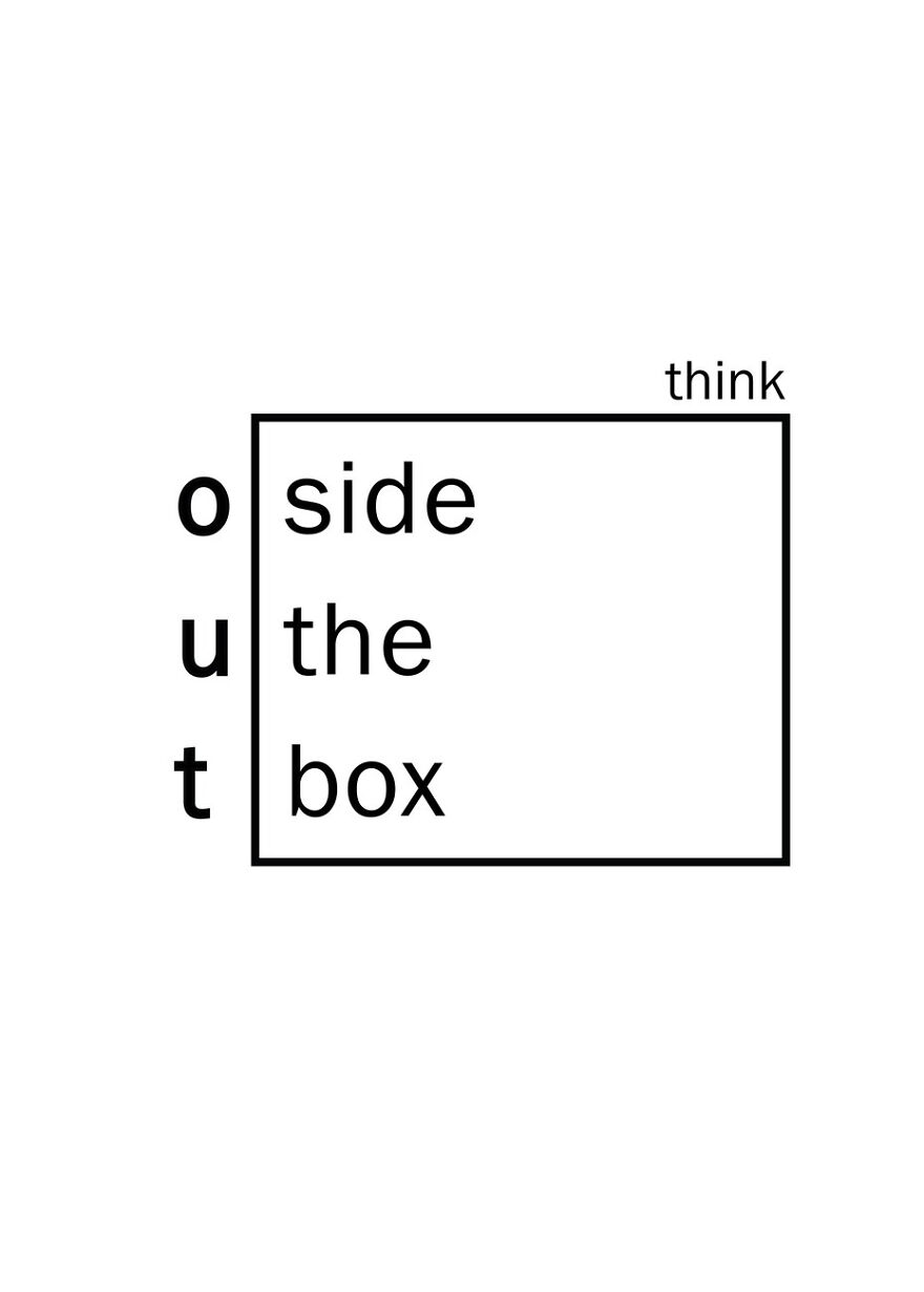 Minimalist graphic design with the words think outside the box arranged in an unusual layout.