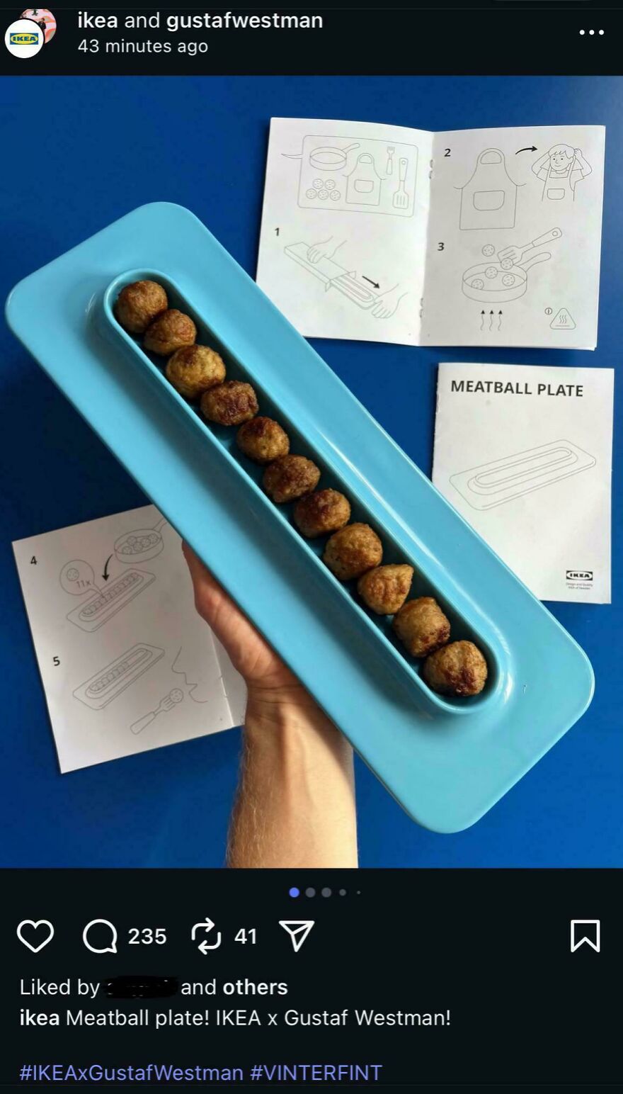Blue IKEA meatball plate held in hand with meatballs lined up and illustrated instruction booklets on a blue background.